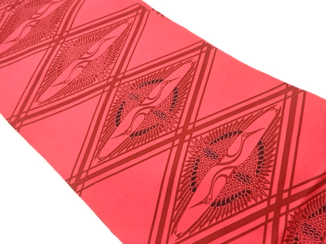 塩瀬型染菱に向かい鶴模様名古屋帯